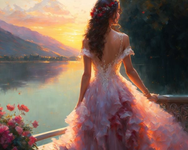 Woman in pink gown by serene lake at sunset