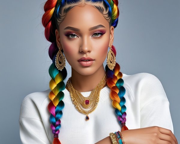Young Woman with Multicolored Braided Hair and Jewelry