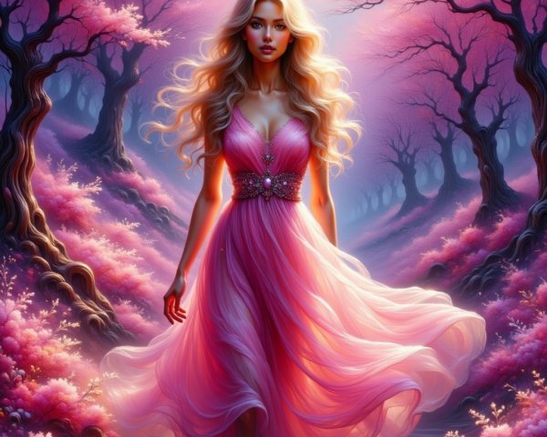 Young Woman in Pink Gown Among Cherry Blossoms