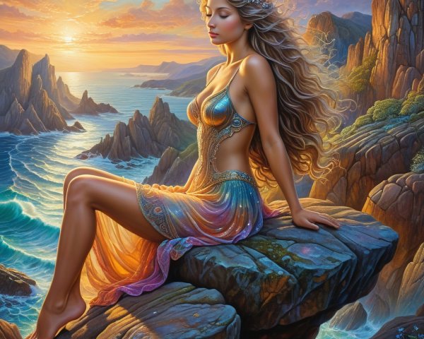 Young Woman in Colorful Gown Overlooking Seascape