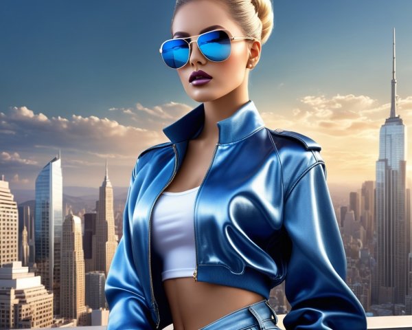 Stylish Woman in Blue Bomber Jacket on Rooftop