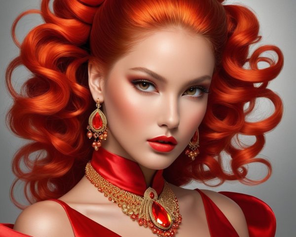 Portrait of a Woman with Red Curls and Elegant Jewelry