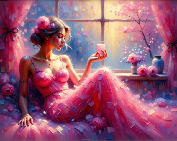 Woman in Pink Gown by Sunlit Window with Flowers
