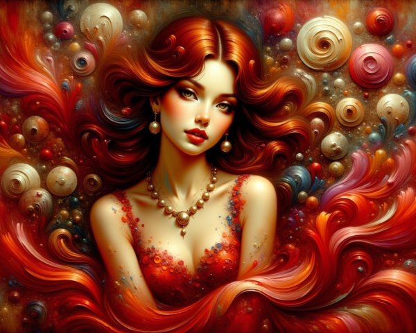 Portrait of a woman in a red gown with vibrant hair