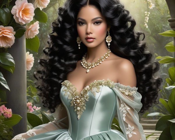 Young woman in teal gown surrounded by roses and greenery
