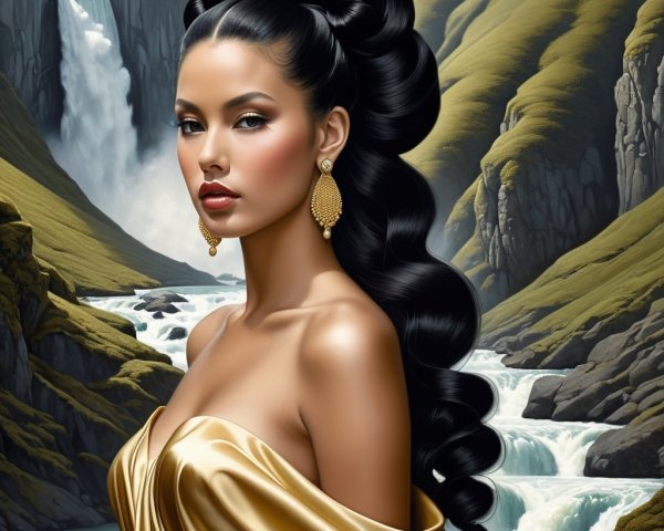 Woman in golden gown against lush hills and waterfalls