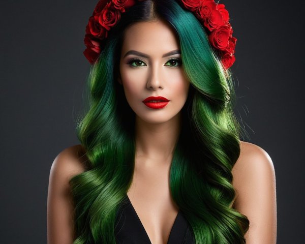 Portrait of a Woman with Green Hair and Red Roses