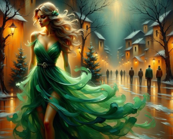 Digital Painting of Woman in Green Dress on Glowing Street