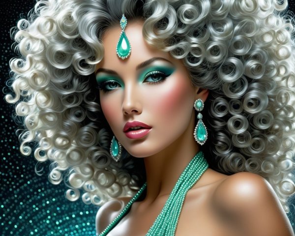 Stunning Woman with Silver Curly Hair and Turquoise Eyeshadow
