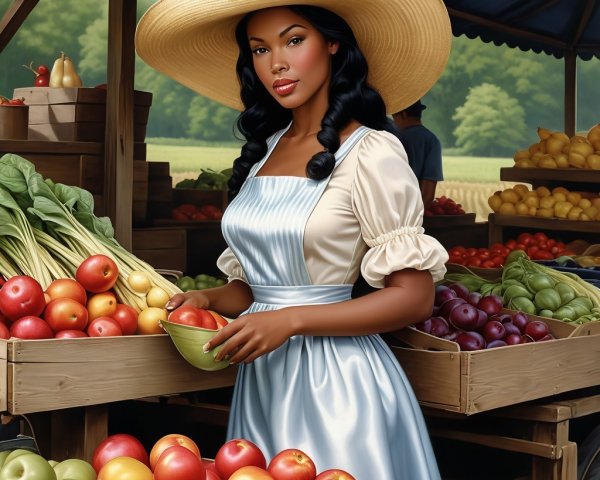 Woman at market stall with colorful fruits and hat