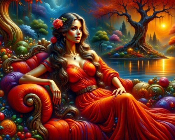 Elegant Woman in Red Dress on Ornate Couch