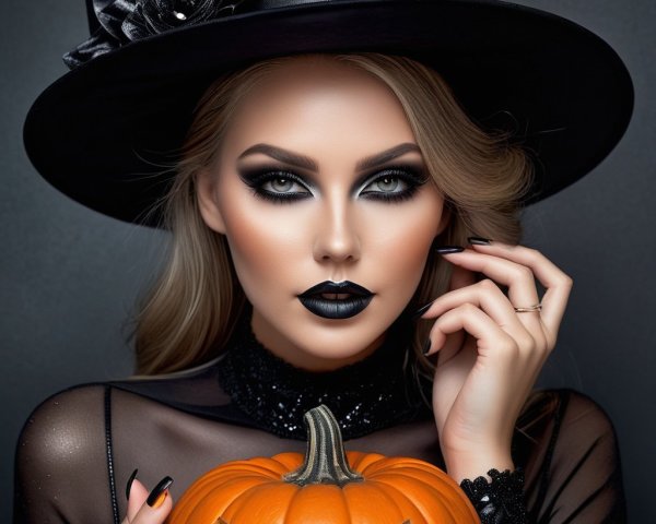 Elegant Witch with Pumpkin in Dark Halloween Setting