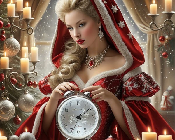Glamorous Woman in Red Gown Amidst Festive Decor