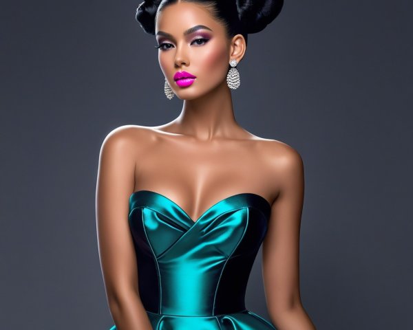 Teal Strapless Gown with Elegant Hair and Makeup