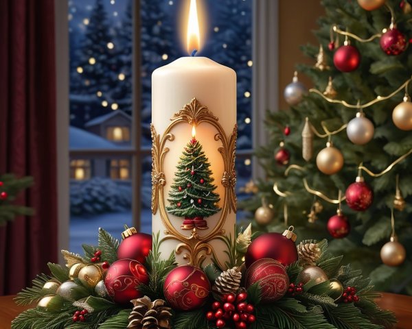 Festive White Candle Surrounded by Christmas Decor