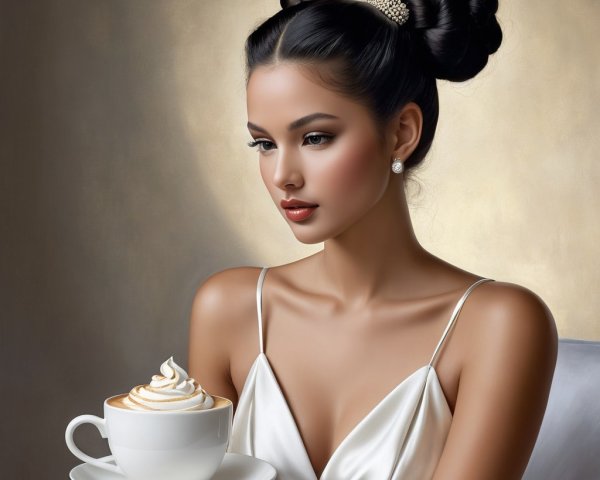 Elegant Woman with Coffee in Satin Dress