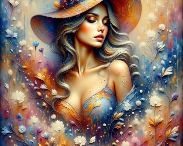 Stylized portrait of a woman with flowing hair and hat