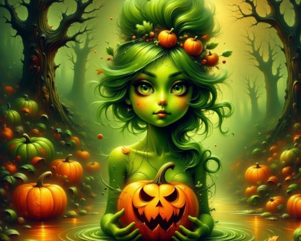 Whimsical figure in a mystical forest with pumpkins
