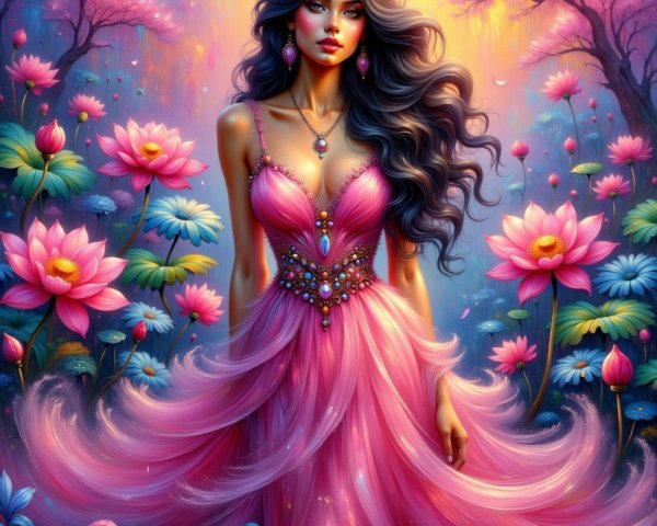 Woman in Elegant Gown in Enchanted Lotus Garden