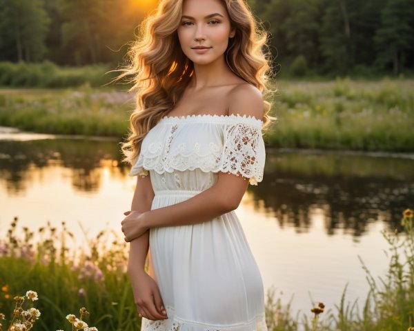 Young Woman by Serene River at Sunset in White Dress
