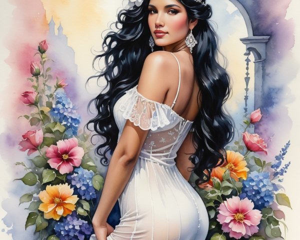 Woman in White Dress Surrounded by Vibrant Flowers