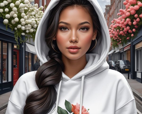 Young Woman in Floral Hoodie on Charming Street
