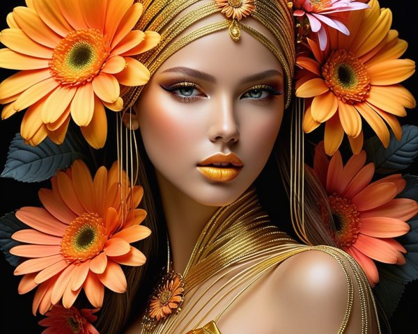 Woman with Floral Headdress and Golden Makeup