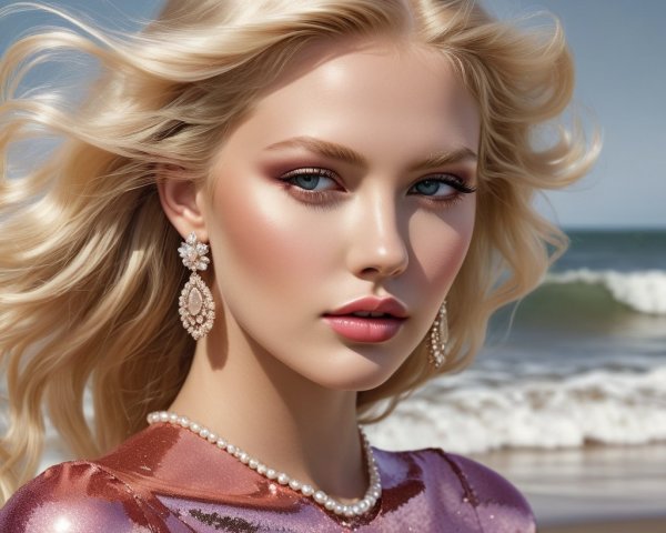Model in Beach Setting with Glamorous Attire and Jewelry