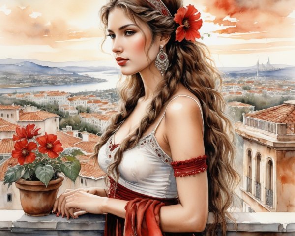 Young Woman on Balcony at Sunset with Scenic View