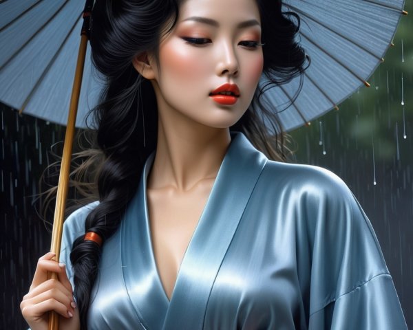 Woman in blue kimono with parasol in the rain