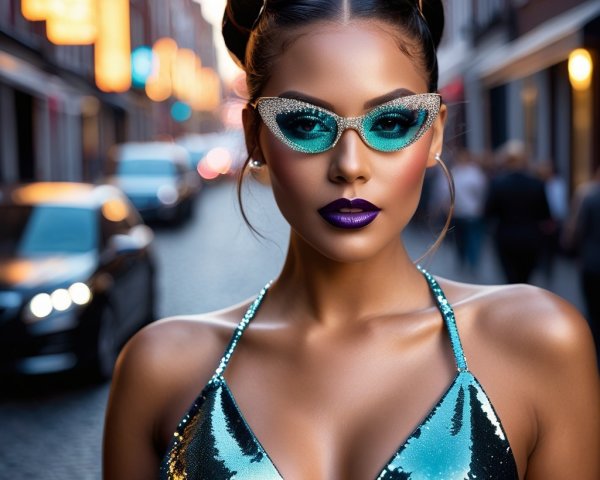 Confident Woman in Teal Sunglasses on City Street