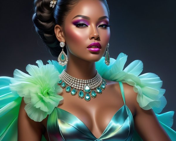 Glamorous Model in Turquoise Gown with Bold Makeup