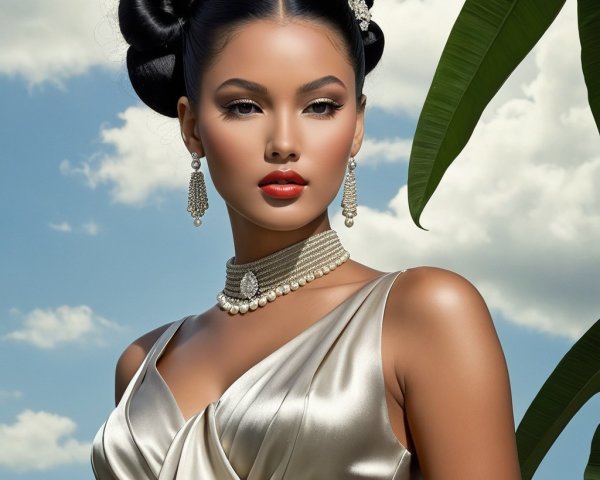 Elegant Woman in Satin Gown with Stylish Hair and Pearls