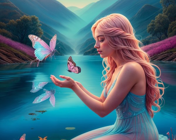 Young woman by tranquil lake with pink hair and butterflies