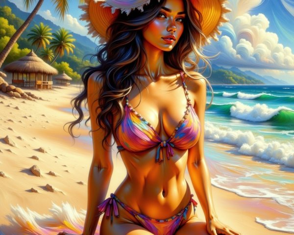 Photorealistic Oil Painting of a Biracial Woman at Beach
