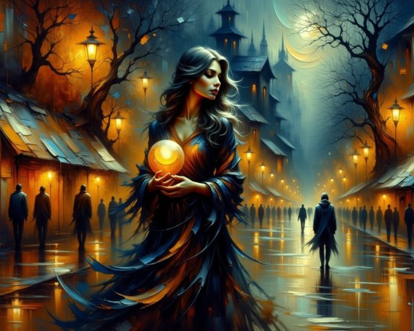 Mystical Twilight Scene with Woman and Glowing Orb