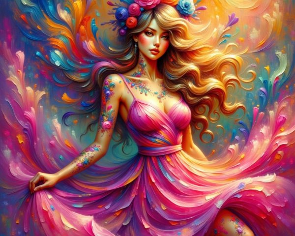 Ethereal figure in pink gown with floral motifs