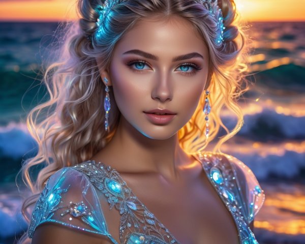 Young woman with blue eyes at ocean sunset scene