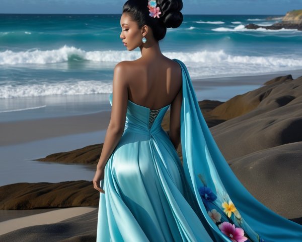 Woman in Light Blue Gown on Sandy Beach Scene