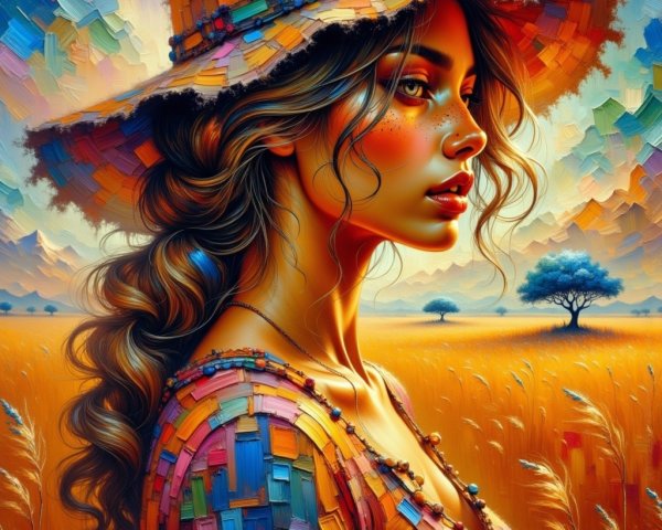 Woman in Colorful Dress in Golden Field at Sunset