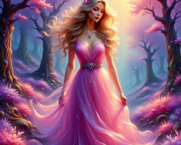 Serene Figure in Pink Gown in Enchanting Forest