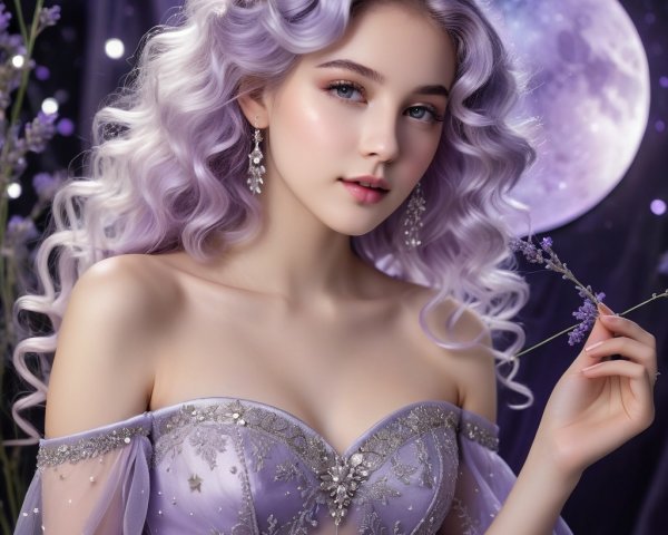 Young woman in lavender gown with moonlit backdrop