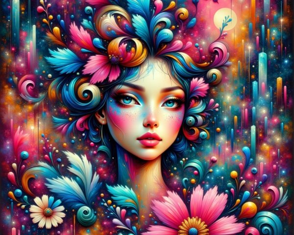 Surreal portrait of a woman with colorful flowers and stars