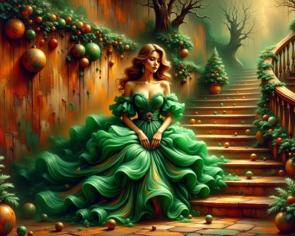 Elegant Woman in Green Gown Surrounded by Rustic Decor