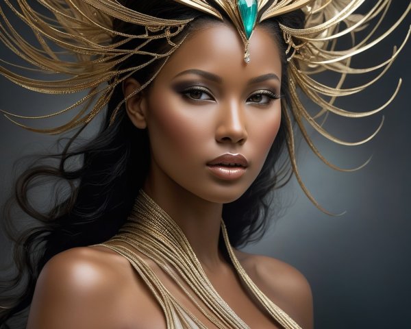 Portrait of a Woman with Golden Headpiece and Emerald Jewel
