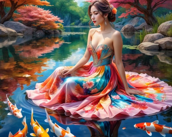 Young Woman in Floral Gown by Mirrored Pond