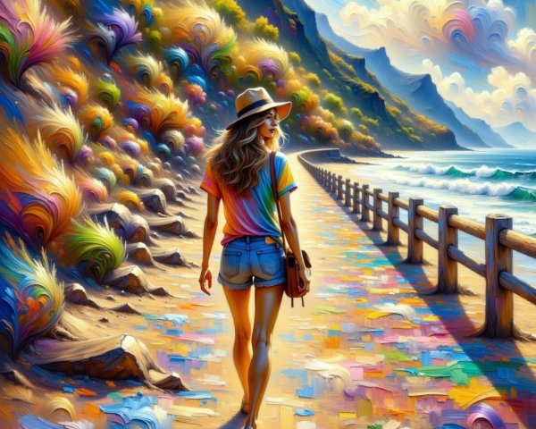Young woman walking on a colorful pathway by the sea