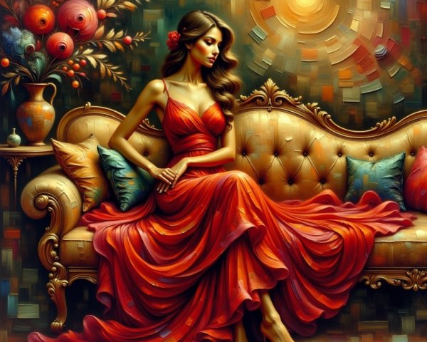 Dramatic Painting of Woman in Red Dress on Lounge