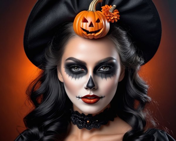 Halloween-Inspired Look with Skull Makeup and Hat