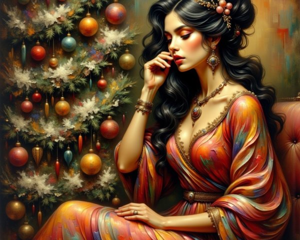Elegantly Dressed Woman Beside a Christmas Tree
